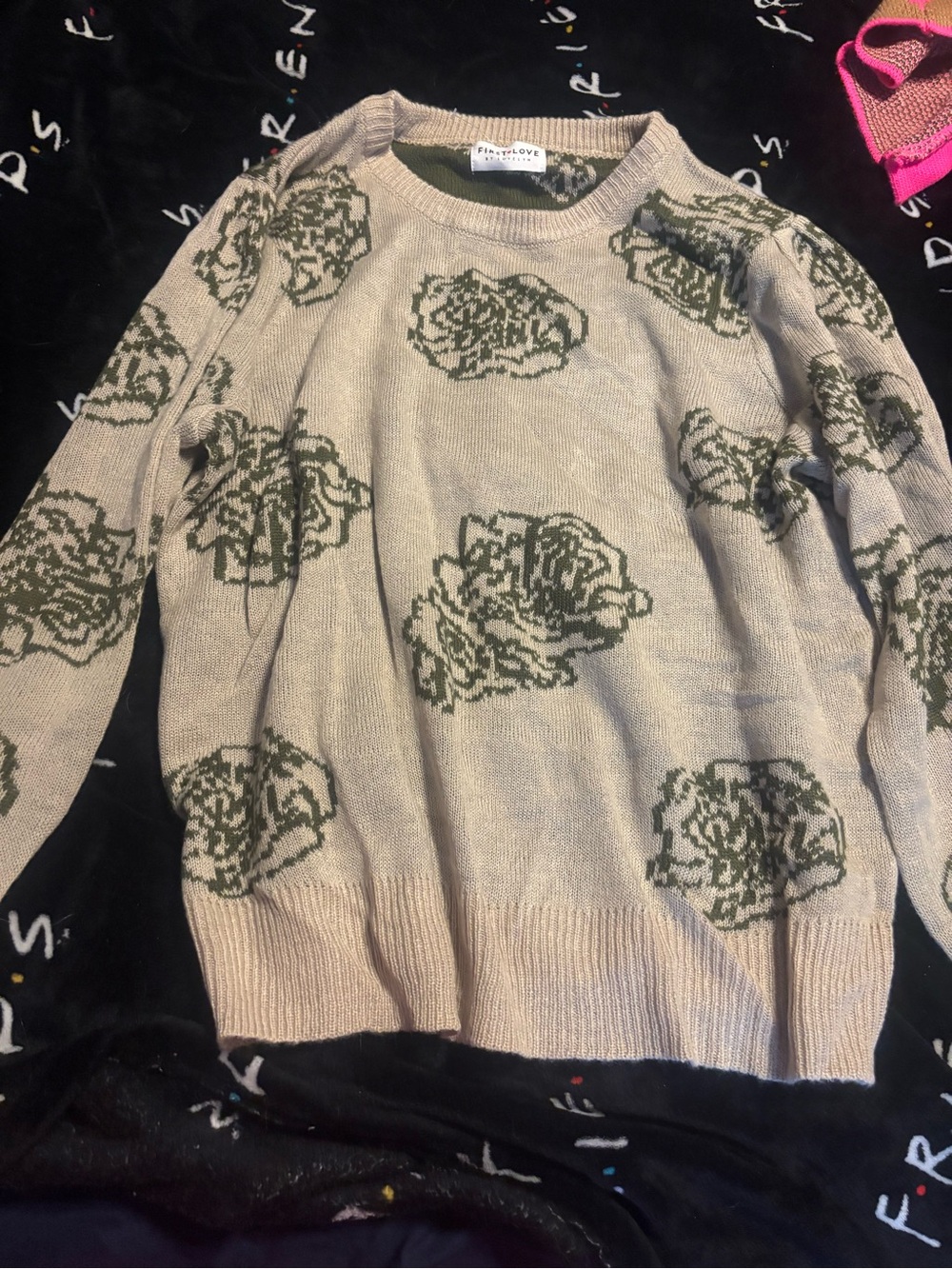 First Love Beige Crewneck Sweater with Olive Floral Motif